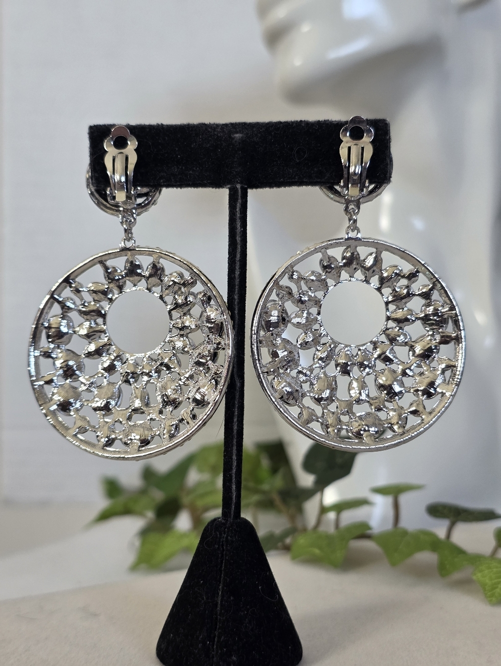 Silver AB Crystal Iridescent Rhinestone Double Circle Drop Clip On Earrings - Picture 9 of 11